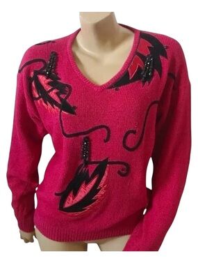 Amilano Vintage Sweater Womens M Red Silk Angora Beaded V Neck Pullover 80s